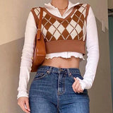 SUCHCUTE Preppy Style Plaid Printed Women Dress Sets Knitted Sleeveless Top With Skirst Casual Kawaii Streetwear Outfits