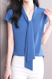Tie Blouse Shirt for Women OL Elegant Blouses Satin Womens Tops Silk Female Clothing 2023 Korean Fashion Short Sleeve