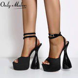 Onlymaker Women Peep Toe Sandals Black Flock Platform Ankle Strap High Heel Shoes Female Big Size Party Dress Sexy