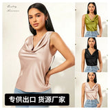 New Summer Satin Heap Collar Solid Color Sleeveless Vest Sleeveless