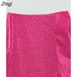 Women High Street Rose Red Sequined Split Midi Skirt Faldas Mujer Female Chic Side Zipper Slim A Line Vestidos