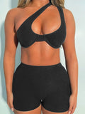 Ribbed Diagonal Collar Sleeveless Hollow Out Crop Top Mini Shorts 2 Pcs Set 2022 Sexy Women Streetwear Y2K Party