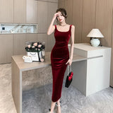 Backless Vintage Luxury Velvet Midi Dresses for Women 2023 Autumn Winter Fashion Slim Split Female Clothing Elegant