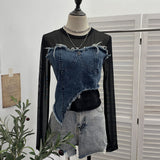 Design Feel Niche Cowboy Splicing Long-Sleeved Mesh T-Shirt Girl Summer Round Collar Dress Short Top