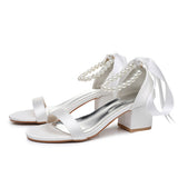 Cm Square Heel Sandals Shallow Mouth With Thick Heel Sandals White Beads Drifted Sandals Bride Wedding