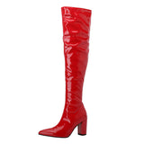 Sexy Patent Pu Leather Women Over The Knee Boots Square High Heel Thigh Boots Pointed Toe Zipper Autumn Winter Woman