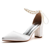 Cm Thick Heel Pointed Sandals With Shallow Female Sandals White Beaded Satin Cloth Bride High Heels Large