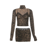 Autumn Women's New Sexy Hot Babes Leopard Print Tops Lace Splicing Skirt Dress Suit