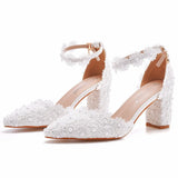 Cm White Lace Tip Hollow Women's Shoes Lace Wedding Dress Shoes Spring Coarse Square Root Tips