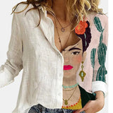 2021 Women Botton Vintage Polo-Neck Office Lady Spring Summer Loose Casual Cartoon Printing T-Shirt Long