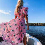 Pink Eyes Chiffon Dresses Sexy Short Sleeve 2022 Summer Beach Dress Women Beach Wear Swim Suit Cover Up