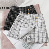 Tweed Shorts Women Plaid Buttons Shorts A-line Wide Leg Skirts High Waist Skirts Women 2022 Spring Women