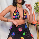 Floral Crochet Crop Cami Top and High Waist Split Skirt Summer Knitted Suit Beach Vacation Two Piece Set Women