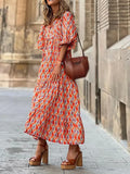Pattern Printed Loose Long A-Line Dress New Women Lantern Sleeve Boho Dresses Women Summer V Neck Maxi Dress