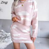 Sweet White cloud printed Two-Piece skirts sets Women's New O Neck Long-Sleeved Loose Sweater with skirts 2 piece