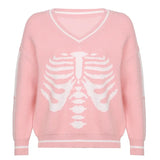 Skull Print V Neck Oversized Sweater Harajuku Casual Loose Knitted Top Pullovers Korean Punk Ladies Jumper