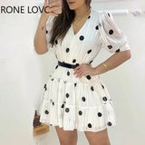 Women V-Neck Polka Dots Mesh Puff Sleeve Ruffles Casual Dress Elegant Fashion Chic