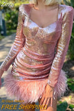 Women Sexy Mini Sequin Dress with Feather Long Sleeve Low Cut Bodycon Short Dress Party Club Sparkle Glitter