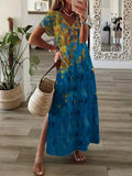 Summer Beach Sundress Robe Female Casual Vintage Printed Loose Beach Long Dress Women Hollow Out Short Sleeve