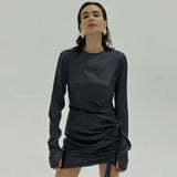 Zingj New Women's Long Sleeve Gloves Rope Satin Hanging Feeling Dress Sexy Temperament Package Hip Skirt-Outfit