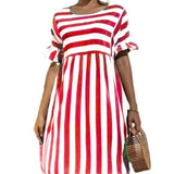 2021 Summer New Fashion O Neck Women's Dress Casual Loose Solid Short Sleeve Ruffle Patchwork Pocket Ladies Stripe