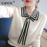Winter Polo-neck Patchwork Lace Up Sweater Lady Elegant Fashion All-match Knitted Pullover Top Women Casual Sweet
