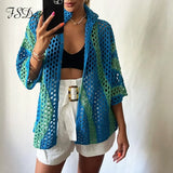 2021 Women Blue Stripe Loose Long Sleeve Cardigan Autumn Oversized Casual Beach Sexy Knitted Sweater