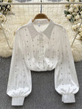 Autumn Senior Vintage Shirt 2023 Fashion Lantern Sleeve Loose Beading Design Top Women Lapel Streetwear Diamons