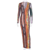 Dye Women Long Maxi Dress Long Sleeve Deep V Neck Bodycon Dresses 2022 Summer New Activewear Sexy Night Club Party