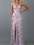 New Women'S Sequin Sexy V-neck High Quality Suspender Open Back Lace Up Slit Summer And Ground Evening