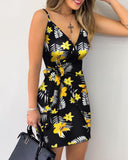 Sexy Women's Summer Mini Bodycon Cami Dresses Casaul V Neck Tropical Print Tied Detail Sleeveless Open Back Wrap