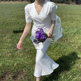 elegant slim V-neck slim lace up waist long fishtail dress women Korea summer short sleeve white vestido