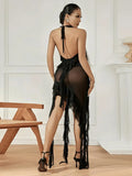 Black Mesh Fringe Ruffle Open Back Midi Dress- Outfit