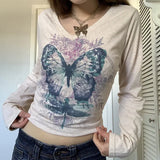 Vintage Fairy Grunge Crop Top Flare Sleeve Autumn Spring Female T-shirt Y2K Graphic Print Kawaii Tee Shirt Women