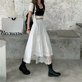 Irregular Pleated Skirt French Vintage Lace mesh panelled Long Skirt Women Korea Black Simple Elastic High Waist Midi