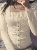 Fleece Bow-Neck Ribbed Lace Blouse- Outfit