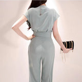 2 Pieces Set Women V-neck Lace Up Tops & High Waist Wide Leg Pants OL Style Solid Female Set