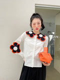 Designer Korean Fashion Button Up Shirt For Women Flower Patch White Long Sleeve Fashion Top Kawaii Cute Shirt