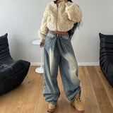 Zingj Wash Water Waist Pleated Foundation Casual Jeans Street New Loose Show Thin All Go With Wide Leg