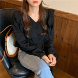 Korean Chic White Blouse Women Ruffles Tops Casual Long Sleeve Shirts Sweet V-neck Button Shirt Blusas Mujer De Moda