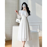 Long Sleeves White Midi Dresses for Women 2023 New Autumn French Elegant Fashion Evening Wedding Party Robe Female