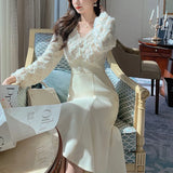 Long White Dress Women French Vintage V-neck Lace Slim Y2K Dress Spring Korean One Piece Casual Evening Party Dress