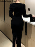 Velvet Black Midi Dress Women Elegant Chic Designer Long Sleeve Dress Sexy Casual Evening Party Formal Occasion Dress