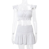 White Ruched Bandeau Top And Mini Skirt Set-Outfit