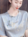 Chinese Style Disc Button Retro Women's Dress Imitation Silk Short-Sleeved T-Shirt Summer Imitation Mulberry Silk
