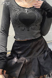 Grunge Retro Fashion Heart Printed Autumn T-shirts for Women Crop Top Dark Academia Gothic Clothes Aesthetic T