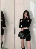 Women Suits Sexy Crop Leather Jacket Black Hollow Shirt High Waist Skirt 3 Piece Zip Skirt Party Girl Elegant Y2k Female