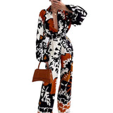 Spot 2025 Women's Fashion Print Long Sleeve Shirt Casual Pants Two