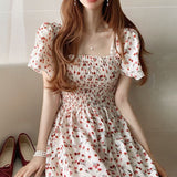 for Women Sweet Puff Sleeve Floral Print Square Collar Mid-Calf Summer Dress Korea Chic Slim Women's Summer