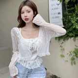 Thin Ruffles Tops Women Sunscreen Blouses Vintage Breathable Cropped All-match Basic Slim Tender